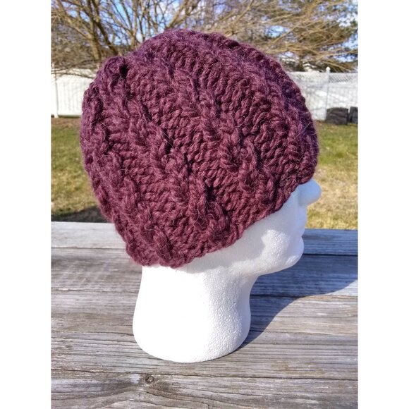 Womens Chunky Alpaca Beanie Skully Hat Handmade Knit Unisex Burgundy Men Red M/L - Picture 3 of 9